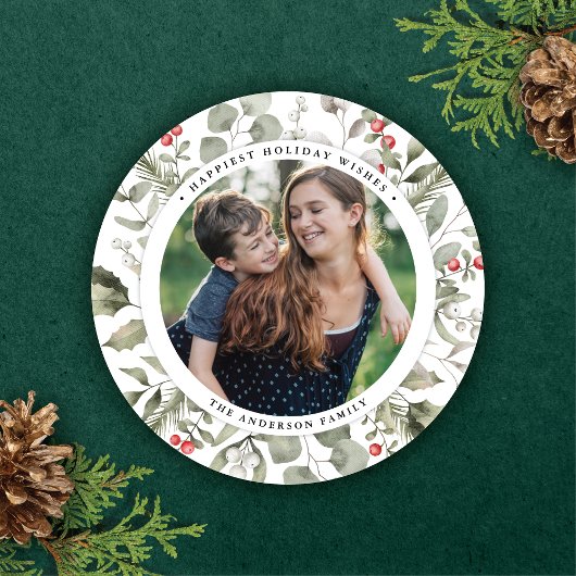 Cartes Pour Fêtes Annuelles Élégant blanc hiver verdure Wreath Photo Round