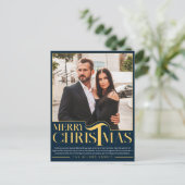 Cartes Pour Fêtes Annuelles Elégant Bleu et Or Joyeux Noël Famille Photo (Debout devant)