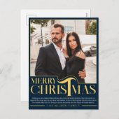 Cartes Pour Fêtes Annuelles Elégant Bleu et Or Joyeux Noël Famille Photo (Devant / Derrière)