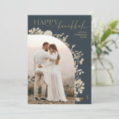 Cartes Pour Fêtes Annuelles Élégant Bleu Gold Script Happy Hanoukka (Debout devant)