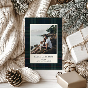 Cartes Pour Fêtes Annuelles Élégant bleu marine et vert photo plaid Noël