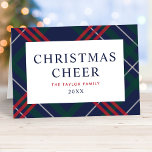 Cartes Pour Fêtes Annuelles Elégant bleu marine Tartan Plaid Christmas Cheer<br><div class="desc">Une carte de vacances pliée élégante est dotée d'un motif plaid classique bleu marine, vert chasseur et rouge tartan avec un élégant texte "Christmas Cheer" avec nom de famille et année qui peut être complètement personnalisé. Un message de script personnalisé est également inclus à l'intérieur de la carte. Personnalisez avec...</div>