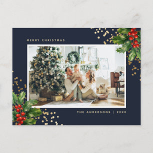 Cartes Pour Fêtes Annuelles Elégant bleu or aquarelle Holly Photo