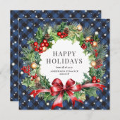 Cartes Pour Fêtes Annuelles Elégant bleu Plaid Noël Wreath Business (Devant / Derrière)