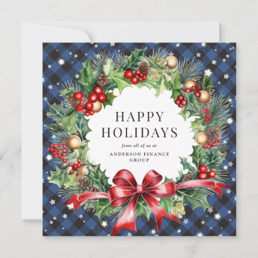 Cartes Pour Fêtes Annuelles Elégant bleu Plaid Noël Wreath Business (Devant)