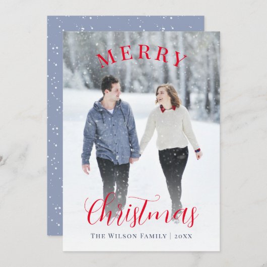 Cartes Pour Fêtes Annuelles Élégant bleu rouge photo Joyeux Noël (Devant / Derrière)