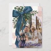 Cartes Pour Fêtes Annuelles Elegant Blue Bow Christmas Two Photo Holiday Card (Devant)