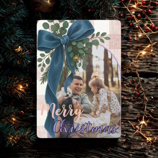 Cartes Pour Fêtes Annuelles Elegant Blue Bow Christmas Two Photo Holiday Card