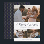 Cartes Pour Fêtes Annuelles Elégant Blue Gold Calligraphy Photo Collage<br><div class="desc">Carte de vacances photo bleu et or personnalisée avec un collage photo sur le devant et un motif bleu et or à l'arrière. Personnalisez facilement cette carte de vacances photo élégante avec vos photos et le nom de famille. Autres options de couleurs disponibles.</div>