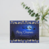 Cartes Pour Fêtes Annuelles Elégant Blue Gold Holly Père Noël Joyeux Noël (Debout devant)