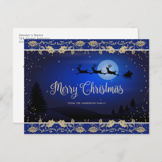 Cartes Pour Fêtes Annuelles Elégant Blue Gold Holly Père Noël Joyeux Noël (Devant / Derrière)