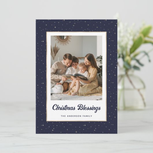 Cartes Pour Fêtes Annuelles Elegant Blue Gold Starry Photo (Debout devant)