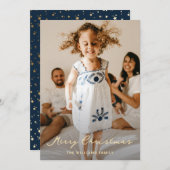 Cartes Pour Fêtes Annuelles Élégant Blue Gold Stars Script Photo Noël (Devant / Derrière)