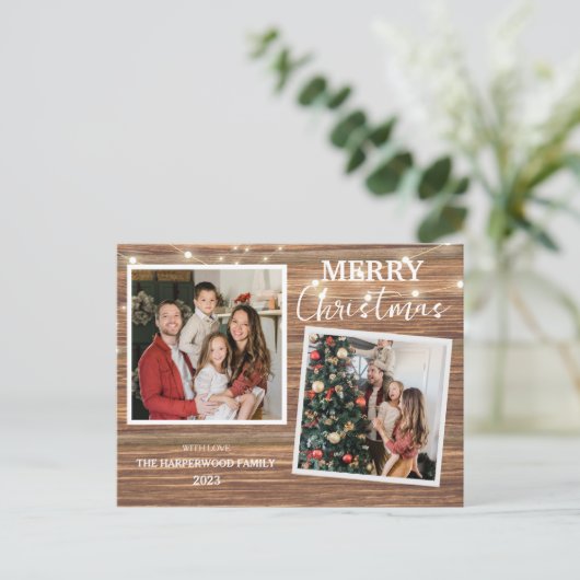 Cartes Pour Fêtes Annuelles Élégant bois rustique Famille de Noël 2 Photo (Debout devant)