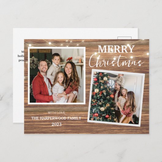 Cartes Pour Fêtes Annuelles Élégant bois rustique Famille de Noël 2 Photo (Devant / Derrière)