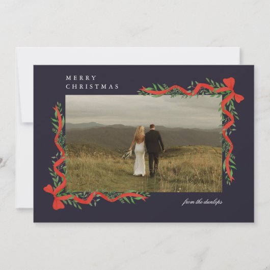 Cartes Pour Fêtes Annuelles Elégant Bow rouge avec verdure Photo Noël (Devant)