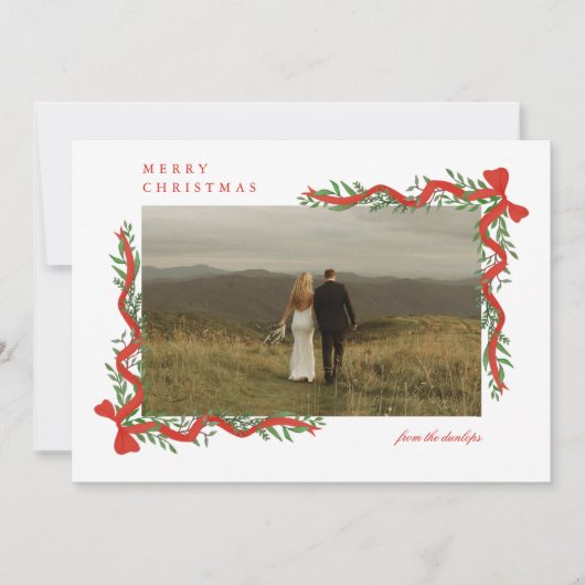 Cartes Pour Fêtes Annuelles Elégant Bow rouge avec verdure Photo Noël (Devant)