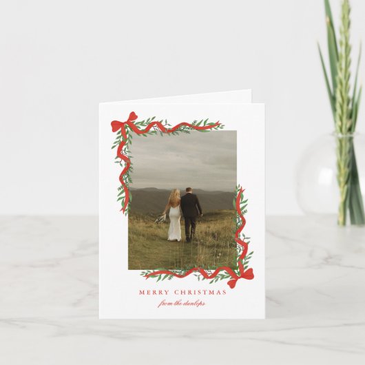 Cartes Pour Fêtes Annuelles Elégant Bow rouge avec verdure Photo Noël (Devant)