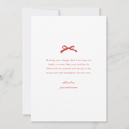 Cartes Pour Fêtes Annuelles Elégant Bow rouge avec verdure Photo Nouvel An (Dos)