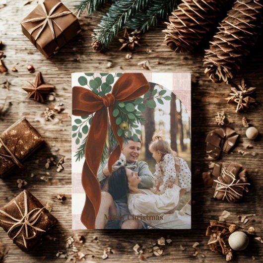 Cartes Pour Fêtes Annuelles Elegant Bow Rustic Gingham Merry Christmas Photo 