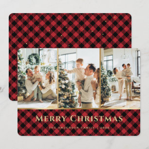 Cartes Pour Fêtes Annuelles Élégant Buffle Rouge Or Plaid Photo Noël