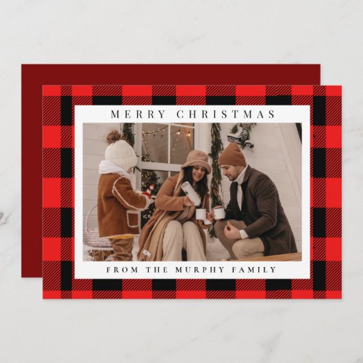 Cartes Pour Fêtes Annuelles Élégant Buffle Rouge Plaid Photo Famille de Noël (Devant / Derrière)