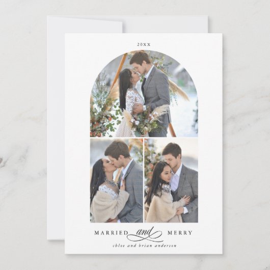 Cartes Pour Fêtes Annuelles Elégant cadre Arc Marié et Joyeux 3 Photo (Devant)