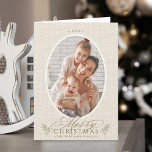 Cartes Pour Fêtes Annuelles Elégant cadre ovale Joyeux Noël Photo Pliée<br><div class="desc">Carte photo de vacances minimal avec un script 'Joyeux Noël' avec des brindilles en pin sur un arrière - plan d'impression en fausse toile. Pour une personnalisation plus avancée de cette conception,  cliquez sur le BOUTON DESIGN TOOL ci-dessus !</div>