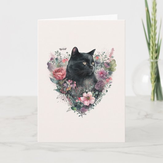 Cartes Pour Fêtes Annuelles Élégant chat noir avec fleurs Saint Valentin Hol (Devant)