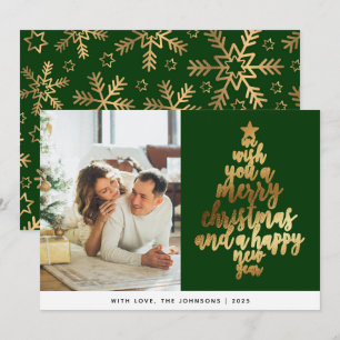 Cartes Pour Fêtes Annuelles Élégant Classic Green Gold Famille Photo Noël