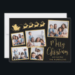 Cartes Pour Fêtes Annuelles Elégant Collage Photo Père Noël Sleigh Black Gold<br><div class="desc">Elégante carte de vacances en noir et or avec un collage photo de 5 images éparpillées dans des cadres,  une silhouette de rennes volant en traîneau à Père Noël,  "Joyeux Noël" dans un script élégant et votre nom dans une typographie moderne simple.</div>