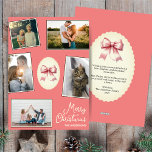 Cartes Pour Fêtes Annuelles Élégant corail de corail de bow Blush Noël Photo C<br><div class="desc">Le design comprend une mise en page personnalisable pour vos photos de famille, mise en évidence par une illustration centrale de l'arc festif. Le corail clair à la crème vintage apporte une touche intemporelle, ce qui le rend parfait pour envoyer des voeux de vacances chaleureux à la famille et aux...</div>