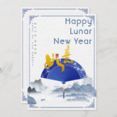 Cartes Pour Fêtes Annuelles Élégant éventail de paysage en chinoiserie bleue p (Devant / Derrière)