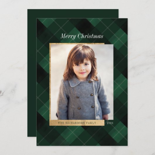 Cartes Pour Fêtes Annuelles Elégant Festive Vert Plaid & Or Une photo (Devant / Derrière)