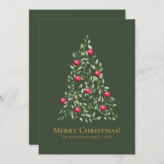 Cartes Pour Fêtes Annuelles Élégant feuillage vert Joyeux Noël (Devant / Derrière)