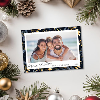 Cartes Pour Fêtes Annuelles Élégant Feuilles de Noël Bleu Et Or Photo