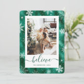 Cartes Pour Fêtes Annuelles Élégant Flocon de neige photo vert (Debout devant)