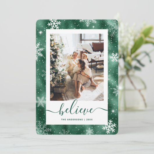 Cartes Pour Fêtes Annuelles Élégant Flocon de neige photo vert (Debout devant)