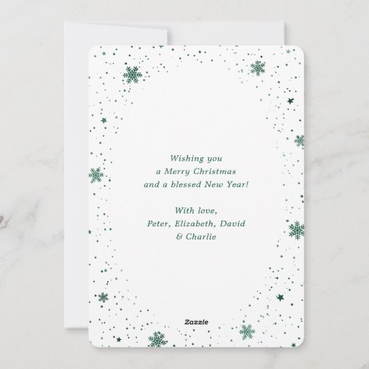 Cartes Pour Fêtes Annuelles Élégant Flocon de neige photo vert (Dos)