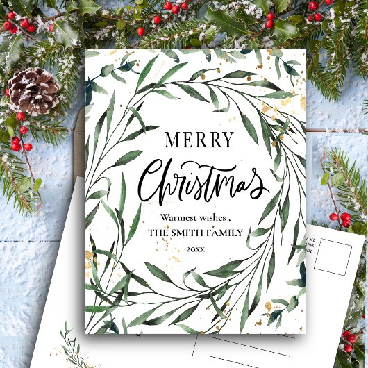 Cartes Pour Fêtes Annuelles Élégant Gold Confetti Pin Foliage Verdure Script