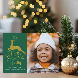 Cartes Pour Fêtes Annuelles Élégant Gold Green Reindeer Noël Famille Photo