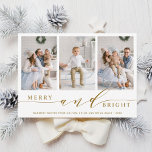 Cartes Pour Fêtes Annuelles Elegant Gold Merry et Bright 3 Photo Holiday Card<br><div class="desc">Carte photo de vacances simple et élégant avec un motif blanc sur le dos. Pour une personnalisation plus avancée de cette conception,  veuillez cliquer sur le lien Personnaliser supplémentaire pour changer la police,  la taille,  la couleur,  etc.</div>