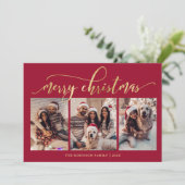 Cartes Pour Fêtes Annuelles Elegant Gold Script 3 Photo Collage Red Christmas (Debout devant)