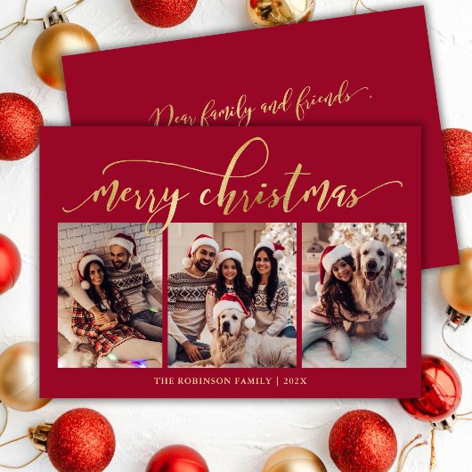 Cartes Pour Fêtes Annuelles Elegant Gold Script 3 Photo Collage Red Christmas