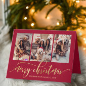 Cartes Pour Fêtes Annuelles Elegant Gold Script 3 Photo Collage Red Christmas