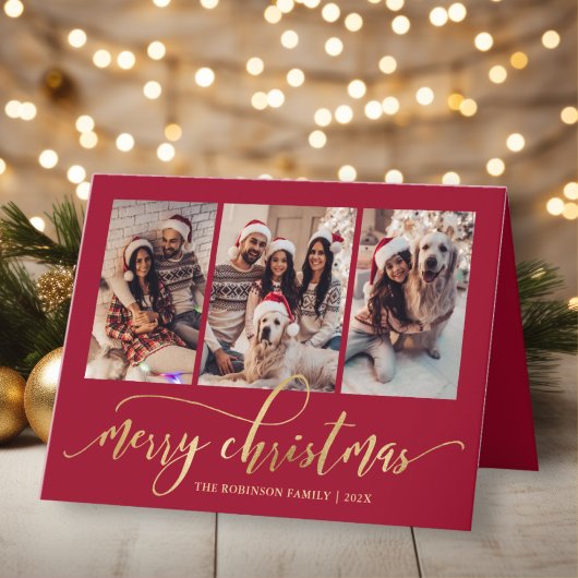 Cartes Pour Fêtes Annuelles Elegant Gold Script 3 Photo Collage Red Christmas