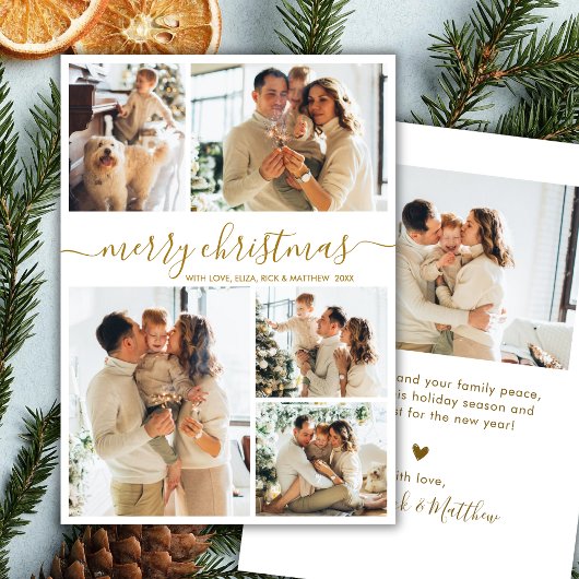 Cartes Pour Fêtes Annuelles Elegant Gold Script 5 Photo Collage Christmas