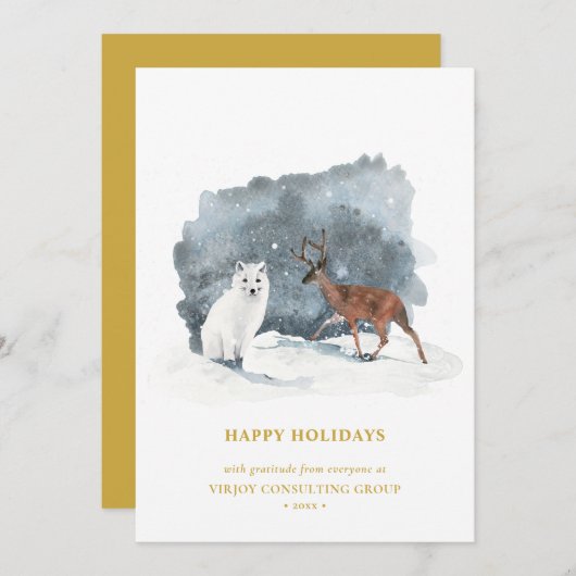 Cartes Pour Fêtes Annuelles Élégant Gold Script Arctic Winter Business (Devant / Derrière)