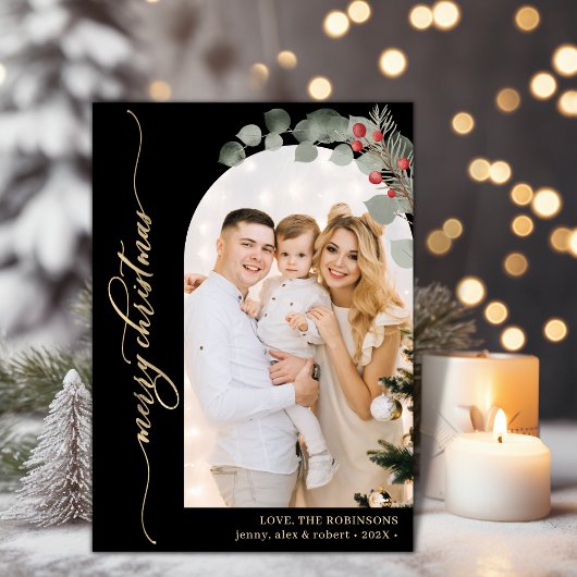 Cartes Pour Fêtes Annuelles Élégant Gold Script Foliage Photo Arch Noël
