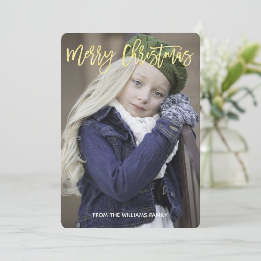 Cartes Pour Fêtes Annuelles Élégant Gold Script Joyeux Noël Photo personnalisé (Debout devant)